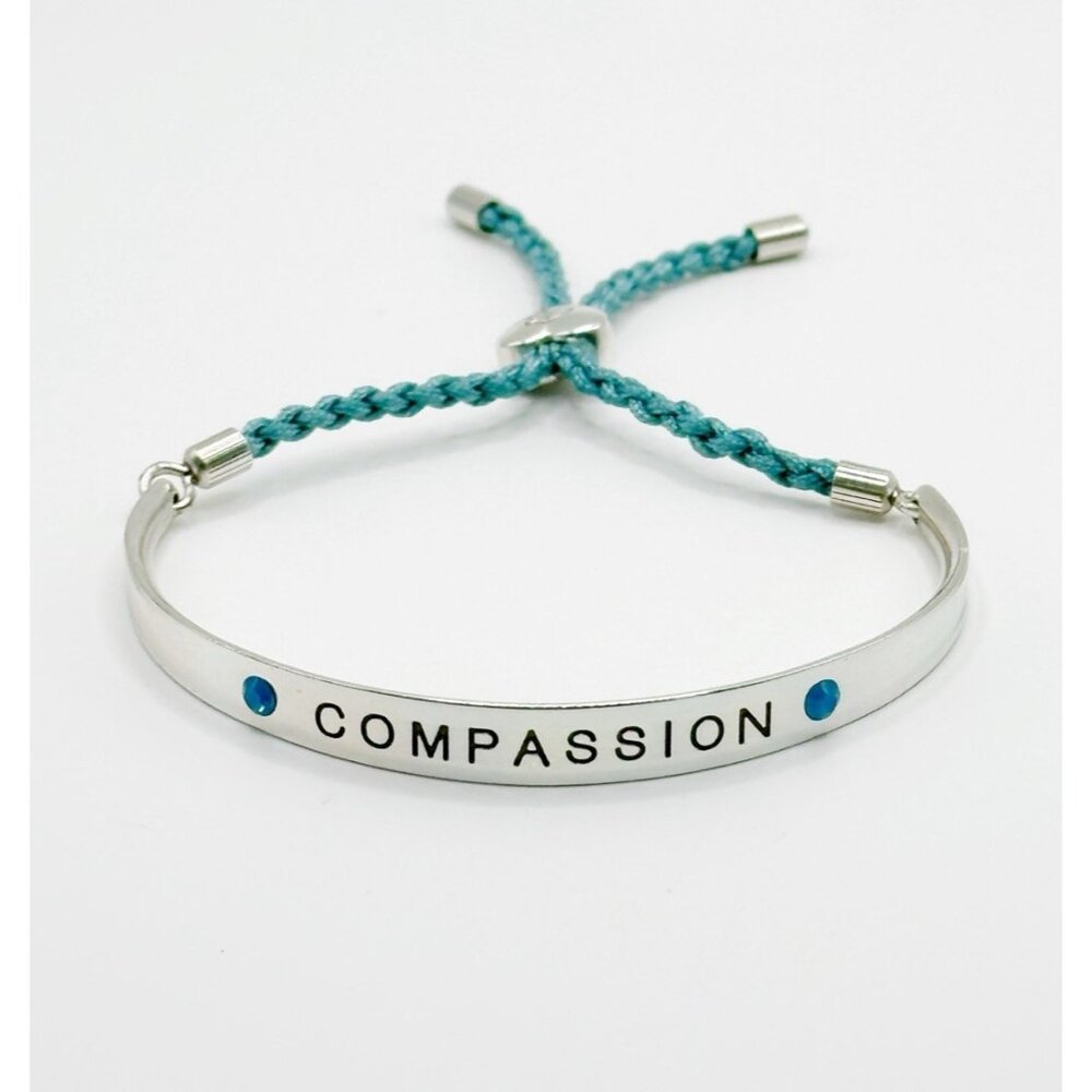 Brighton COMPASSION Silver Curvd Bar Blue Braid Crystal Adjustable Bracelet NWOT
